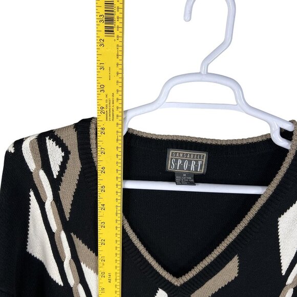Sansabelt Sport Mens M  V-Neck Black Cotton Sweater Geometric Pattern Timeless - Picture 11 of 14